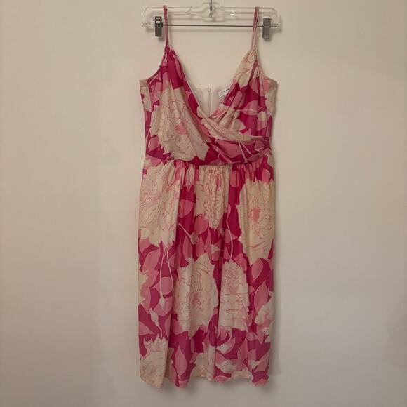 Trina Turk Silk Midi Dress Size 10 Pink White Floral Faux Wrap Adjustable Straps - Picture 5 of 8